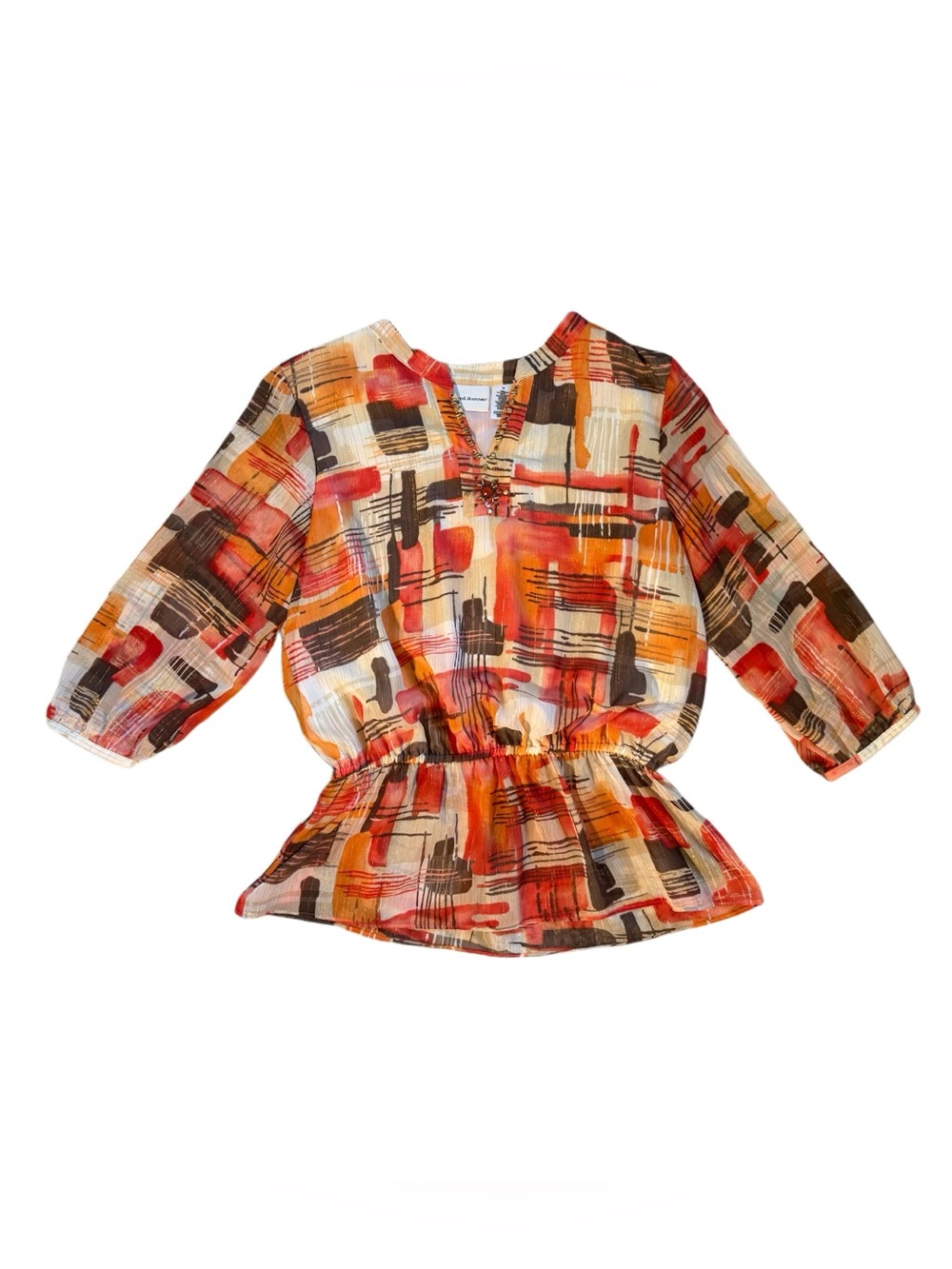 Alfred Dunner Womens Abstract Brushstroke Peplum Blouse in Orange, Red & Brown